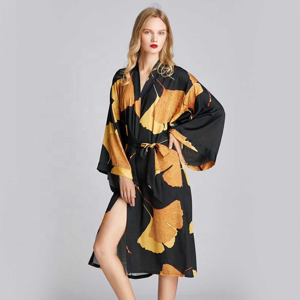 Women's Kimono Robe Gold Leaf Satin Dressing Gown